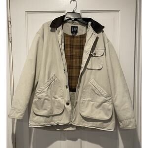 Vintage Gap Chore Jacket Men's M Beige Canvas Barn Coat Corduroy Collar Workwear